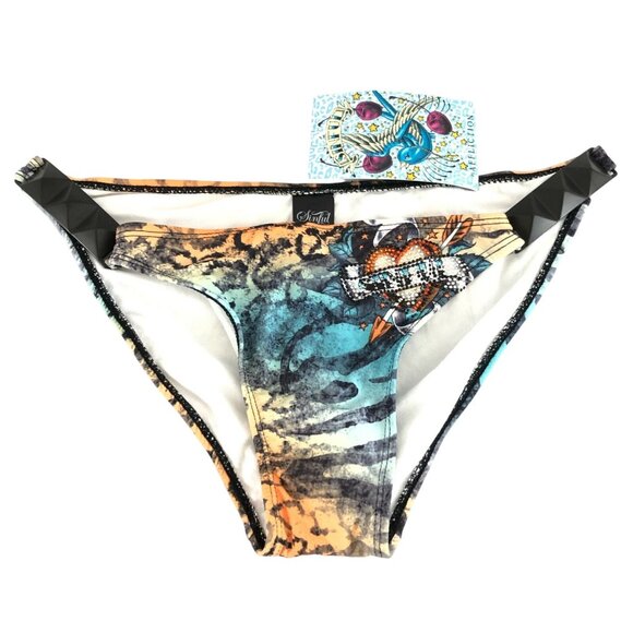 Sinful by Affliction Bikini Bottom Studded Heart Tiger Stripe Rhinestone Blue L - Picture 1 of 7